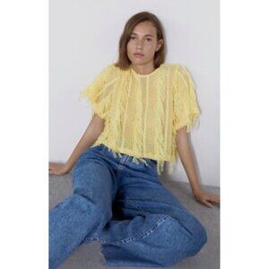 Zara Womens Shirt SZ S Yellow Shaggy fringe Tassel Fuzzy Artzycore